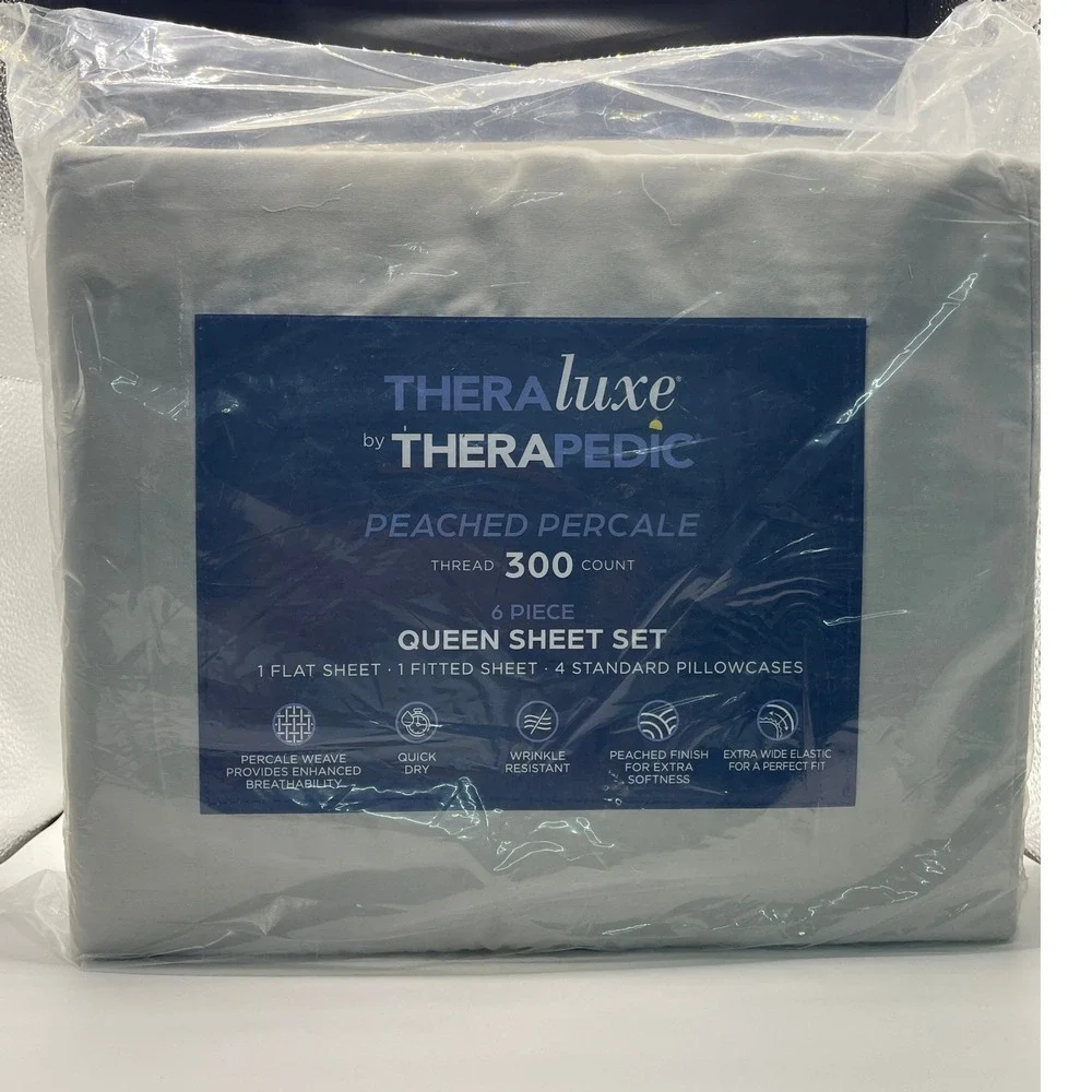 TheraLuxe by Therapedic Sheet Set Queen Grey NEW 6 Piece Peached Percale 300TC